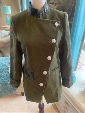 Y2K Olive Green Military-Style asymmetrical Coat black accents Sz S fits loose